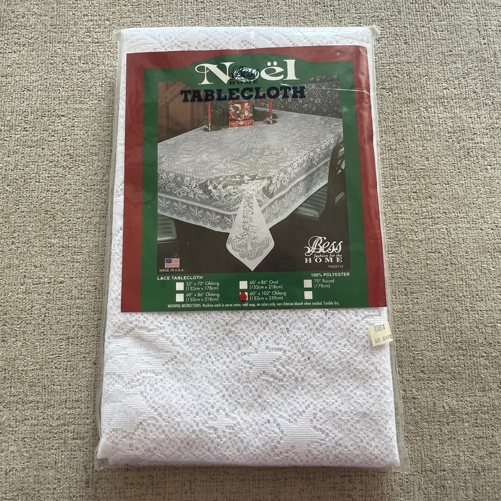 Bess Noel White Lace Tablecloth 60x102 Oblong Christmas Reindeer Tree USA Made